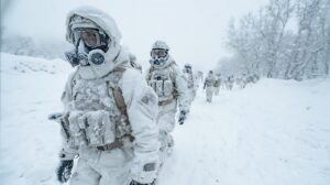 Soldiers walking in the snow